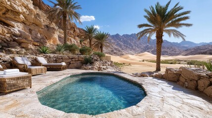 Fototapeta premium Discovering the Serenity of a Remote Desert Oasis with a Centered Hot Tub Pool