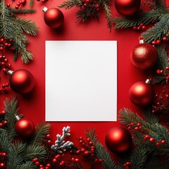White postcard on a red table surrounded by decorative elements, top view, soft natural light.