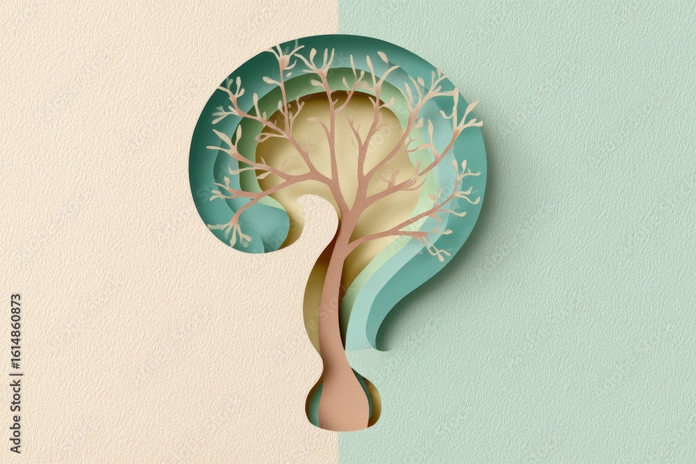 Poster paper cut tree design inside question mark on textured background