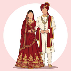 Traditional Indian Wedding Couple in Red and Cream Attire &ndash; Vector Illustration