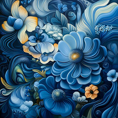 Abstract Blue and Gold Floral Swirls