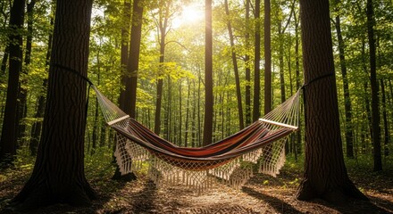 Serene hammock suspended between trees in a sunlit forest, inviting relaxation amidst nature's beauty