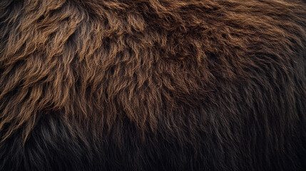 Bison fur on a living animal, thick, rugged dark brown hair with visible coarse strands