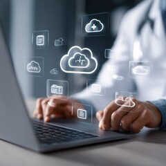 Doctor using laptop, digital cloud data