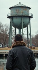 Man in a black jacket looking at a water tower