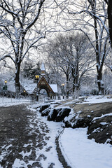 Winter view of Central Park, New York covered in snow during early morning