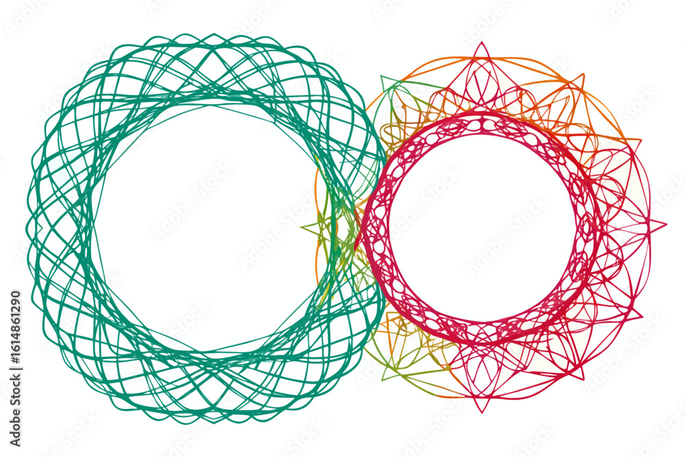 Poster vibrant interconnected circular patterns in green and red-orange hues create a dynamic abstract desi