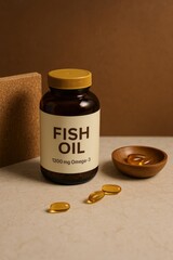 Still life composition of fish oil pills in a bottle with some pills beside, signifying health and wellness