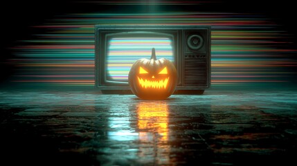A spooky jack-o-lantern with a creepy face glows with TV static in a dark space