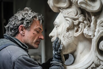 Naklejka premium Artist sculpting stone in studio workspace