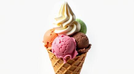 Scoops of ice cream in a waffle cone