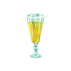 Limoncello Italian lemon liqueur in a small crystal glass. Watercolor hand drawn illustration for menu design, packaging, invitations.
