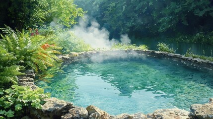 Naklejka premium Discovering the Serenity of a Luxurious Hot Spring Enveloped in Lush Greenery and Natural Beauty