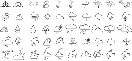 Weather vector icon set.The set contains icons: Sun, Moon, Cloud, Winter, Summer, Rain, Snow, Blizzard, Umbrella, Snowflake, Sunrise, Wind.For Website And Application Design