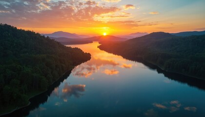 Fototapeta premium Aerial view of calm lake at sunset. Sun dips below mountains, casting orange glow on sky and water. Lush green forests line shores. Clouds reflect on water surface, creating vibrant, tranquil scene.