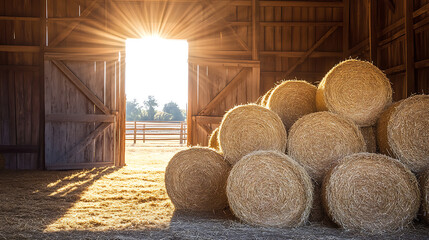Hay bales stacked inside a rustic barn with sunbeams streaming through the open doorway leading to a pasture.