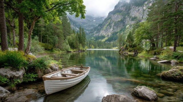 Exploring the Serenity of a Docked Boat on a Rocky Shore Amidst Nature's Tranquil Beauty - Powered by Adobe