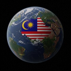 Malaysia Highlighted on a Detailed Earth Globe Image Showing its Geographic Location and National Flag