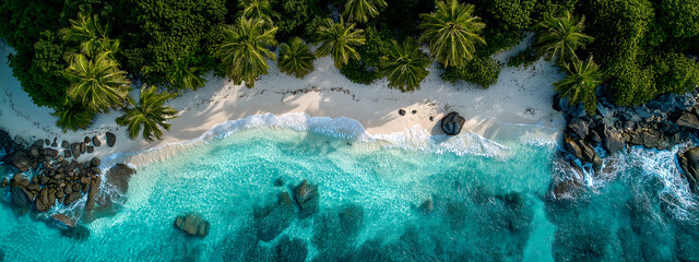 Aerial view of a tropical beach with white sand, turquoise water, palm trees, and lush vegetation. Gentle waves wash up on the shore