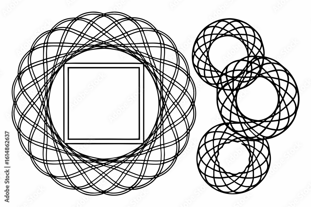 Poster intricate geometric mandala design with overlapping circular patterns and a central square frame, of