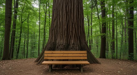 A serene wooden bench nestled at the base of a towering tree in a lush green forest setting