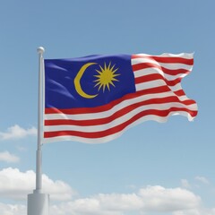 Malaysian Flag Waving Proudly Under a Bright Blue Sky: A Symbol of National Pride and Independence