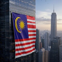 Malaysian Flag Draped on Modern Skyscraper against Cityscape at Sunset