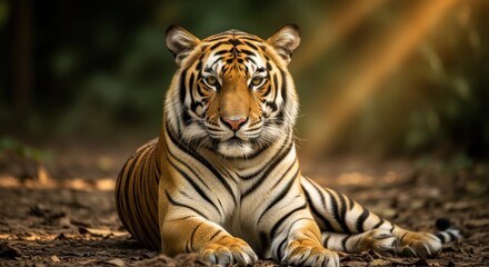 Majestic tiger resting in a serene forest, sunlight filtering through trees, creating a tranquil atmosphere