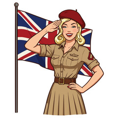 British Woman Saluting in Uniform with UK Flag