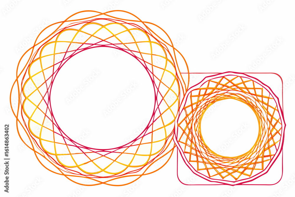 Aufkleber dynamic swirling abstract art featuring interconnected circular and square motifs in vibrant warm hu