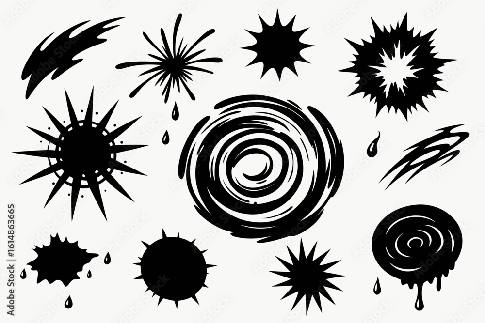 Poster dynamic black ink splash elements and abstract splatter shapes create energetic visual effects perfe