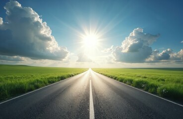 Fototapeta premium Empty asphalt road stretches towards bright sun shining through clouds. Green fields line highway under vast blue sky. This scenic vista evokes feelings of travel, freedom, and hope for future.