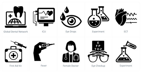 A set of 10 mix icons as global dental network, icu, eye drops
