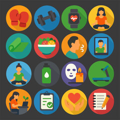 Flat Wellness and Fitness Icon Set – Selfcare, Workout, Meditation, and Healthy Lifestyle Collection