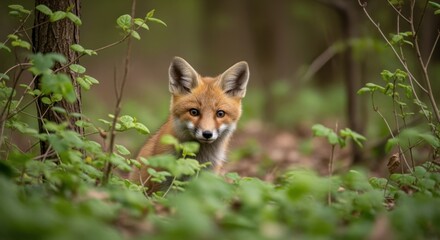 A curious red fox peeks through lush green foliage in a serene forest, highlighting its natural habitat