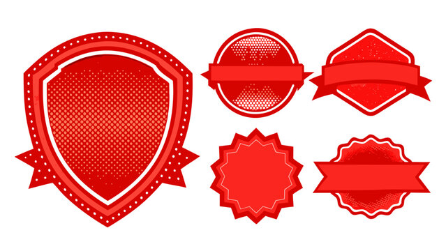 Set of four retro red blank badge shapes with glossy texture, halftone effect, isolated on white background, vector style