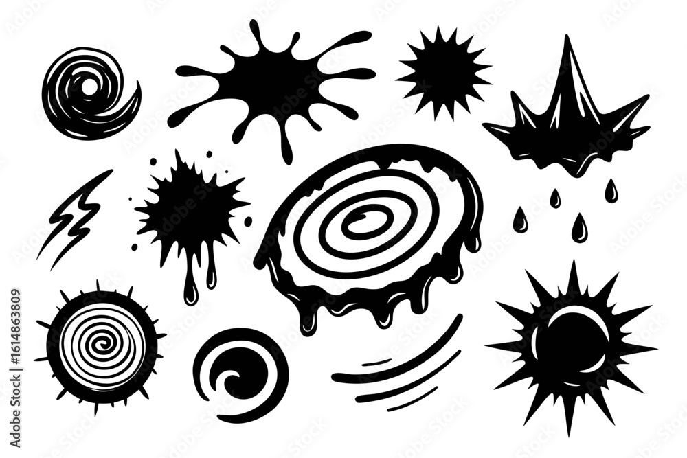 Poster dynamic black ink splashes and abstract swirls create vibrant graphic elements perfect for modern de
