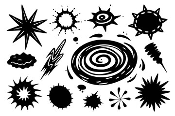 Dynamic abstract black shapes and bursts create energetic visual effects perfect for comic book style, explosions, or modern graphic design accents, adding bold impact to any project.