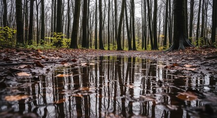 Serene forest landscape with puddles reflecting trees on a rainy day, showcasing nature's tranquility