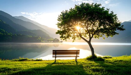 Obraz premium Serene sunrise over a calm lake, a solitary bench sits beneath a tree