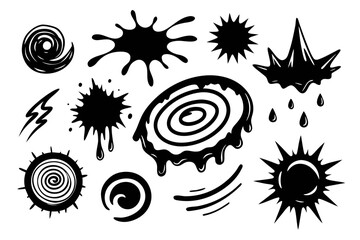 Dynamic black ink splashes and abstract swirls create vibrant graphic elements perfect for modern design projects, conveying energy and creativity in every stroke.
