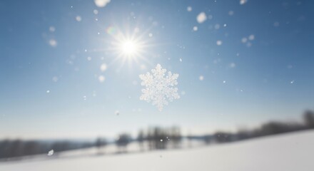 Snowflake drifting through a bright winter sky with sunlight glimmering over a snowy landscape
