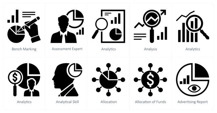A set of 10 mix icons as bench marking, assessment expert, analytics