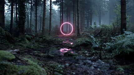 Surreal forest scene featuring a neon ring, casting ethereal reflections and soft illumination through tree trunks and undergrowth.