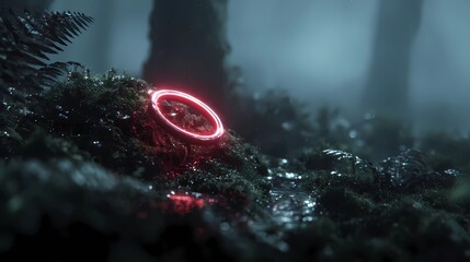 Surreal forest scene featuring a neon ring, casting ethereal reflections and soft illumination through tree trunks and undergrowth.