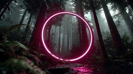 Surreal forest scene featuring a neon ring, casting ethereal reflections and soft illumination through tree trunks and undergrowth.
