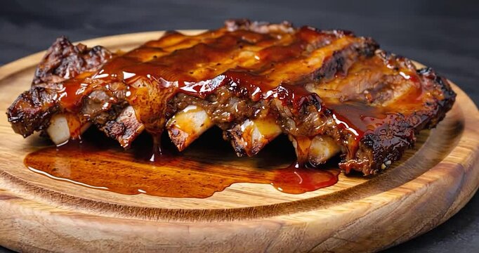 Delicious barbecued ribs on wooden plate