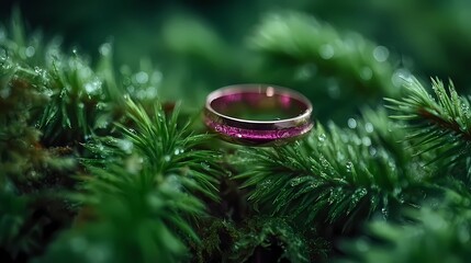 Surreal forest scene featuring a neon ring, casting ethereal reflections and soft illumination through tree trunks and undergrowth.