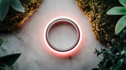 Surreal forest scene featuring a neon ring, casting ethereal reflections and soft illumination through tree trunks and undergrowth.