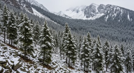 Snow-covered pine trees in a mountainous landscape with misty peaks in the background